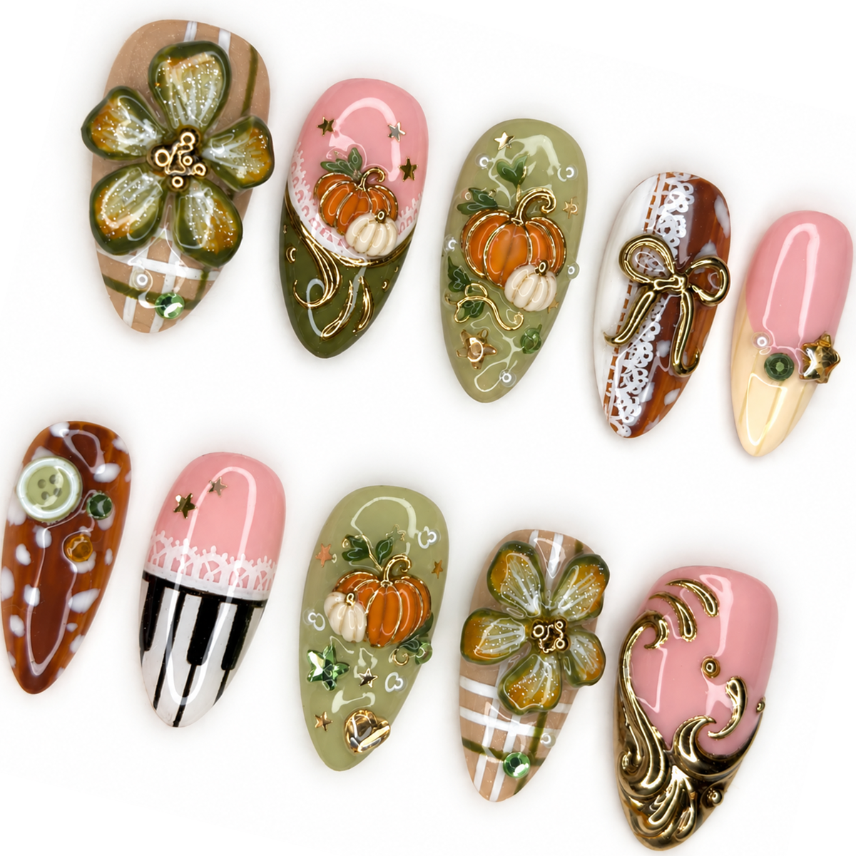 Autumn Pumpkin Press On Nails with 3D Flowers | Olive Green Pink Fall Fake Nails | Handmade Cozy Nail Art for Thanksgiving & Gift | OB667L