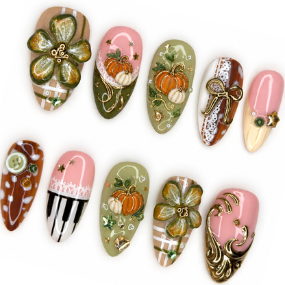 Autumn Pumpkin Press On Nails with 3D Flowers | Olive Green Pink Fall Fake Nails | Handmade Cozy Nail Art for Thanksgiving & Gift | OB667L
