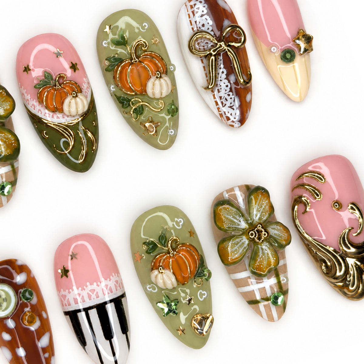 Autumn Pumpkin Press On Nails with 3D Flowers | Olive Green Pink Fall Fake Nails | Handmade Cozy Nail Art for Thanksgiving & Gift | OB667L