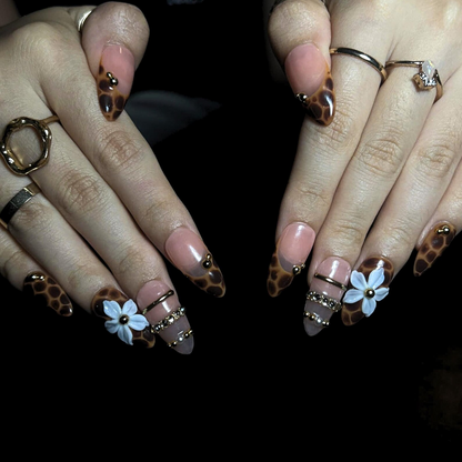 Leopard Print Press On Nails, Mocha Nude Luxury Nails, 3D Flower Gold Nails, Quiet Luxury Handmade Press On Set, OB445U