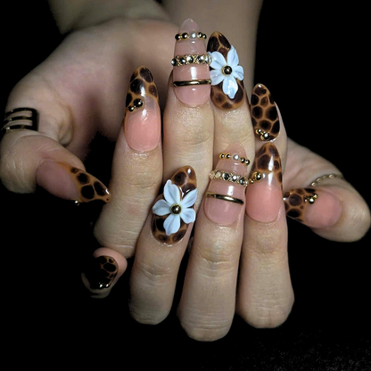 Leopard Print Press On Nails, Mocha Nude Luxury Nails, 3D Flower Gold Nails, Quiet Luxury Handmade Press On Set, OB445U