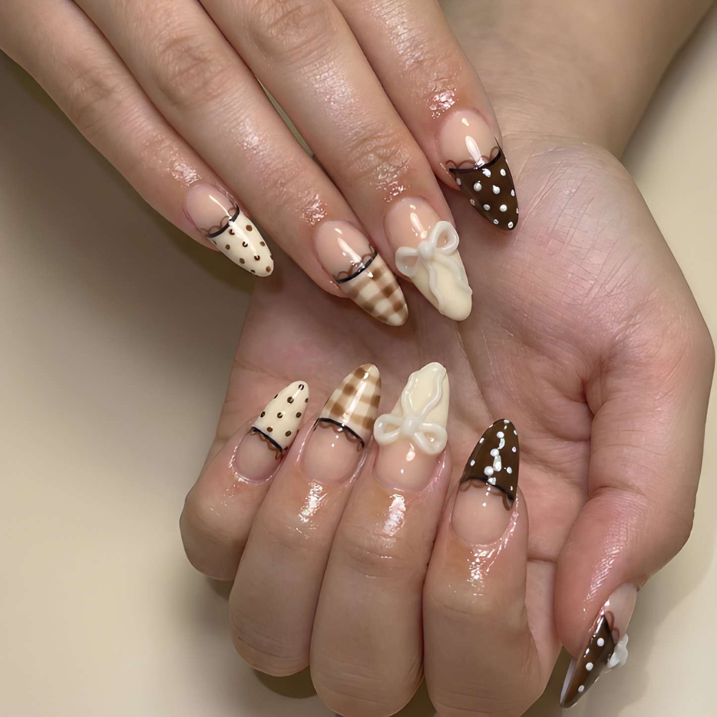 Nail Tabs for Press On Nails – Nude Brown Polka Dot Gingham & 3D Bow Long Almond Handmade Cute Coquette Fake Nails
