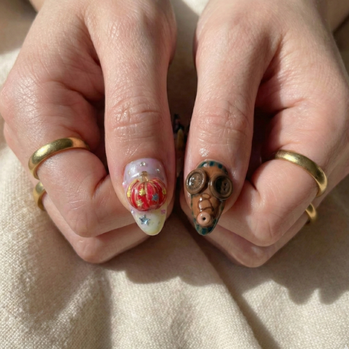 Press On Nails Adhesive Tabs with Playful Mixed Art & 3D Charm Design, Handmade Long Artistic Fake Nails for Whimsical Aesthetic or Creative Statement Look