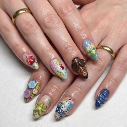 Press On Nails Adhesive Tabs with Playful Mixed Art & 3D Charm Design, Handmade Long Artistic Fake Nails for Whimsical Aesthetic or Creative Statement Look
