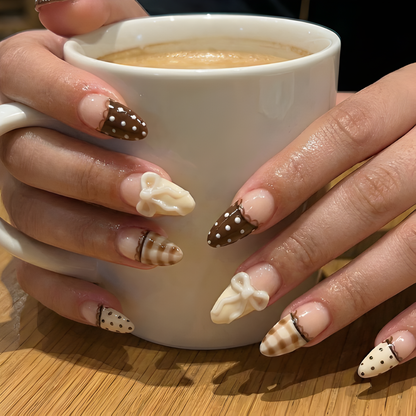Nail Tabs for Press On Nails – Nude Brown Polka Dot Gingham & 3D Bow Long Almond Handmade Cute Coquette Fake Nails