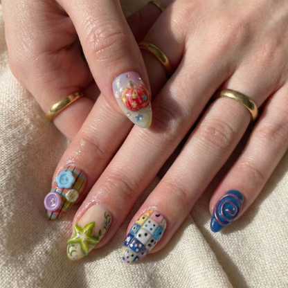 Press On Nails Adhesive Tabs with Playful Mixed Art & 3D Charm Design, Handmade Long Artistic Fake Nails for Whimsical Aesthetic or Creative Statement Look