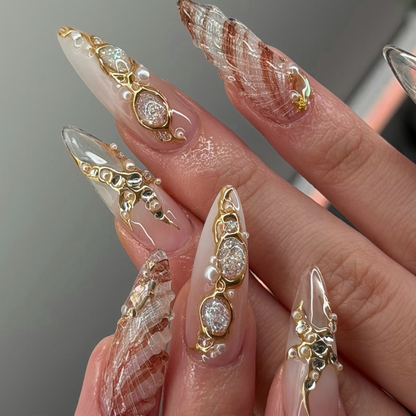 Beach Vacation Press On Nails – Luxury Gold Pearl Seashell Stiletto Fake Nails | OB123LC