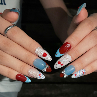 Cherry Beach Press On NailsC | Coastal Coquette Nail Set |Blue Red Summer Nails | Bow Starfish Handmade Nails | OC446U