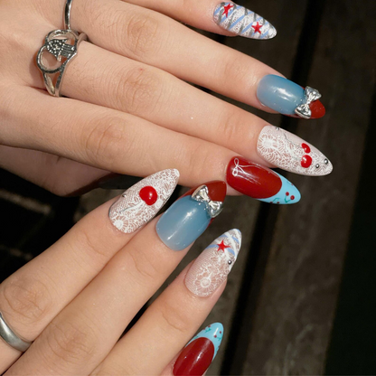 Cherry Beach Press On NailsC | Coastal Coquette Nail Set |Blue Red Summer Nails | Bow Starfish Handmade Nails | OC446U