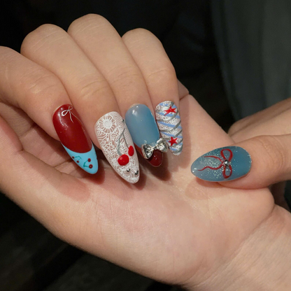 Cherry Beach Press On NailsC | Coastal Coquette Nail Set |Blue Red Summer Nails | Bow Starfish Handmade Nails | OC446U