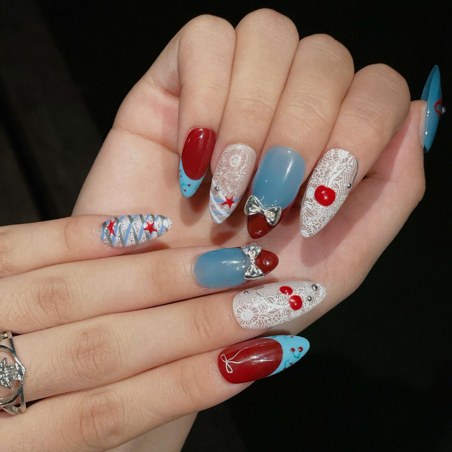Cherry Beach Press On NailsC | Coastal Coquette Nail Set |Blue Red Summer Nails | Bow Starfish Handmade Nails | OC446U