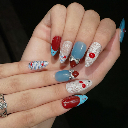 Cherry Beach Press On NailsC | Coastal Coquette Nail Set |Blue Red Summer Nails | Bow Starfish Handmade Nails | OC446U
