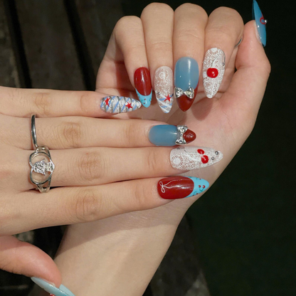 Cherry Beach Press On NailsC | Coastal Coquette Nail Set |Blue Red Summer Nails | Bow Starfish Handmade Nails | OC446U