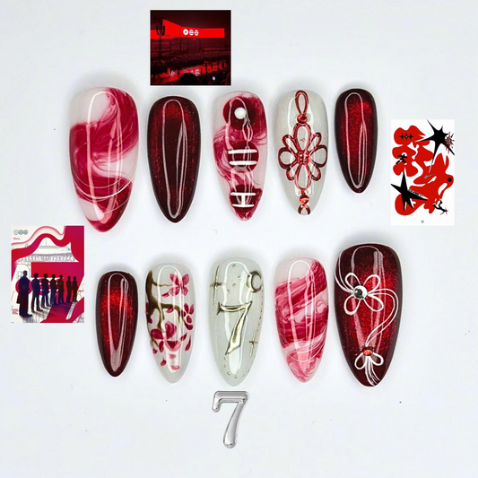 Kpop Concert Press On Nails, Concertcore Nails, Burgundy Chrome Nails, Idol Inspired Press On Nails, Stage Performance Nail Art, OC452UC