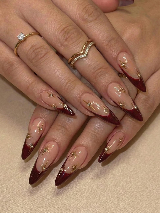 Nail Tabs for Press On Nails – Burgundy Star French Press On Nails for Luxury Women