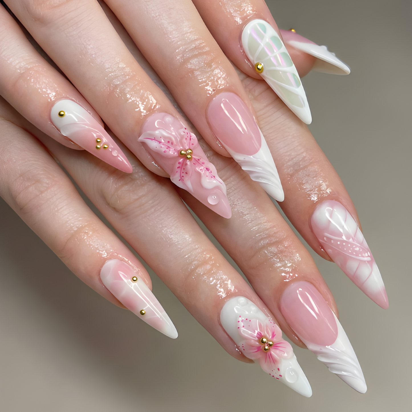 Nail Tabs for Press On Nails – Pink White Floral 3D Flower Long Stiletto Press On Nails