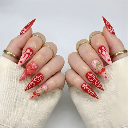 Press On Nails Adhesive Tabs with Red Cherry & Heart Swirl Art Design, Handmade Long Stiletto Fake Nails for Valentine Aesthetic or Romantic Statement Look