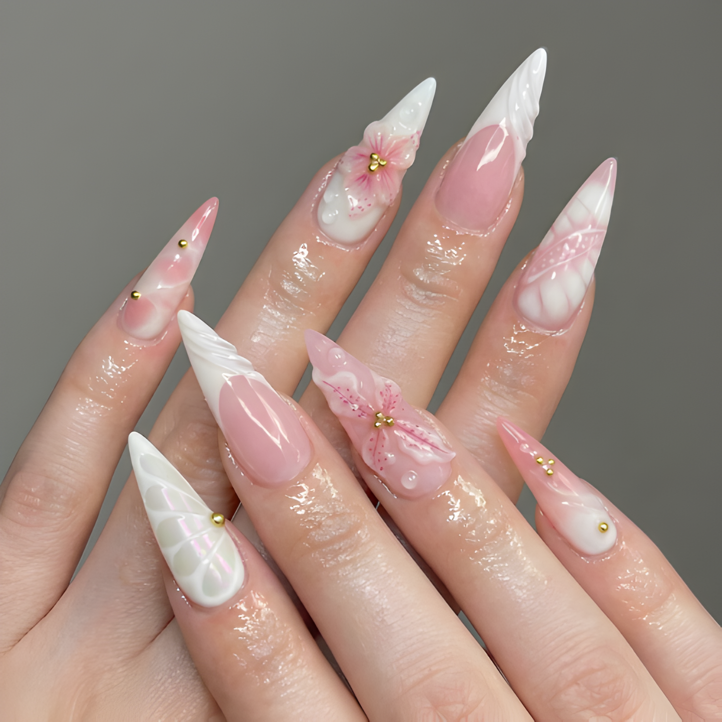 Nail Tabs for Press On Nails – Pink White Floral 3D Flower Long Stiletto Press On Nails