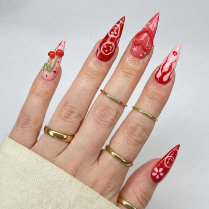 Press On Nails Adhesive Tabs with Red Cherry & Heart Swirl Art Design, Handmade Long Stiletto Fake Nails for Valentine Aesthetic or Romantic Statement Look