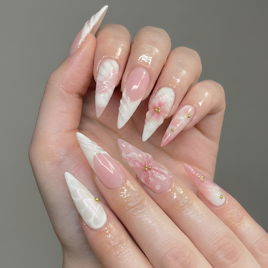 Nail Tabs for Press On Nails – Pink White Floral 3D Flower Long Stiletto Press On Nails