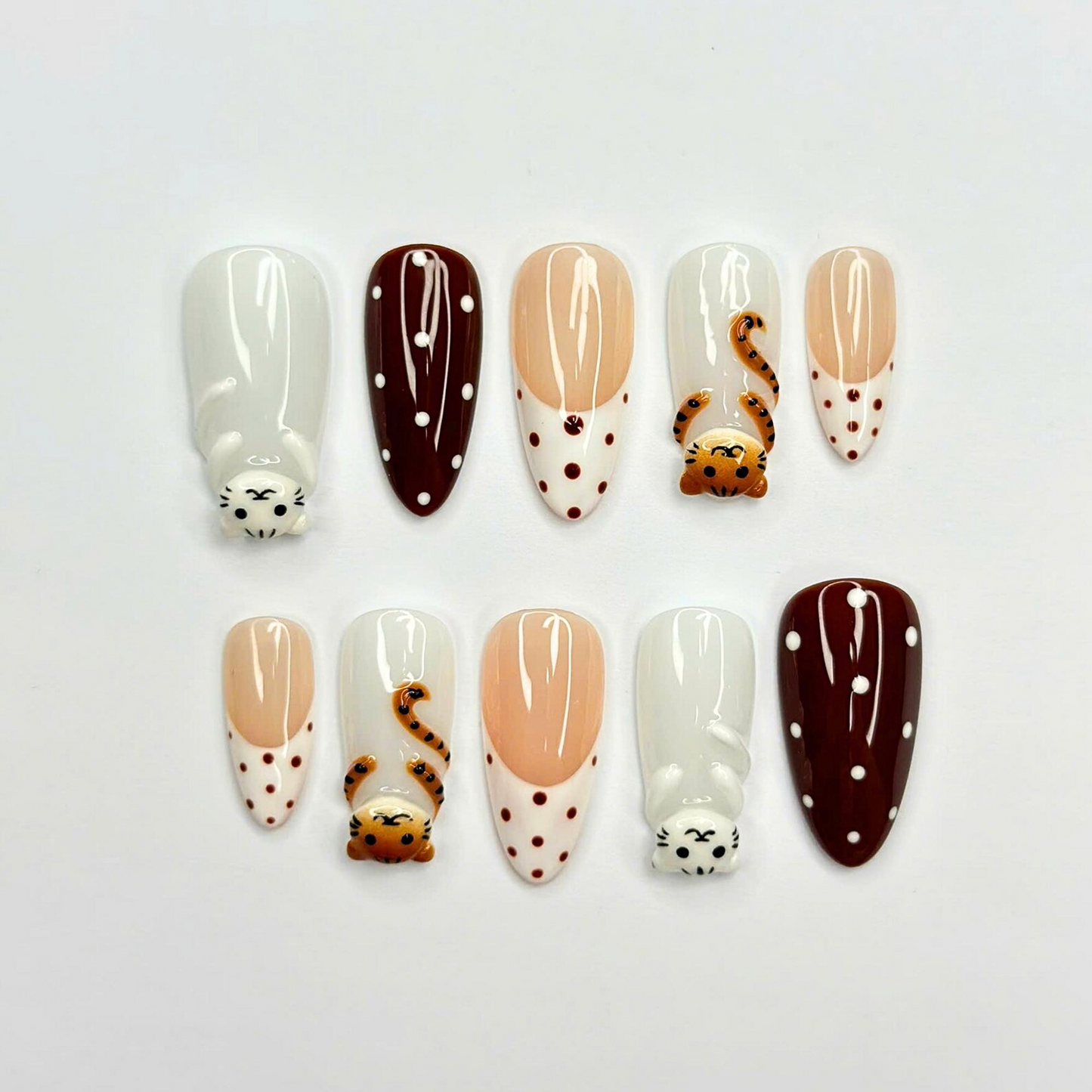 Cute Cat Press On Nails | Kawaii Animal French Tip Nails | Brown Neutral Dot Nails | Handmade Almond Nail Set | OB442U