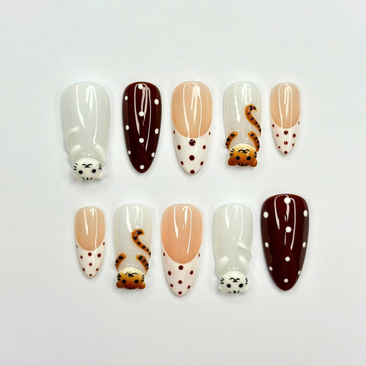 Cute Cat Press On Nails | Kawaii Animal French Tip Nails | Brown Neutral Dot Nails | Handmade Almond Nail Set | OB442U