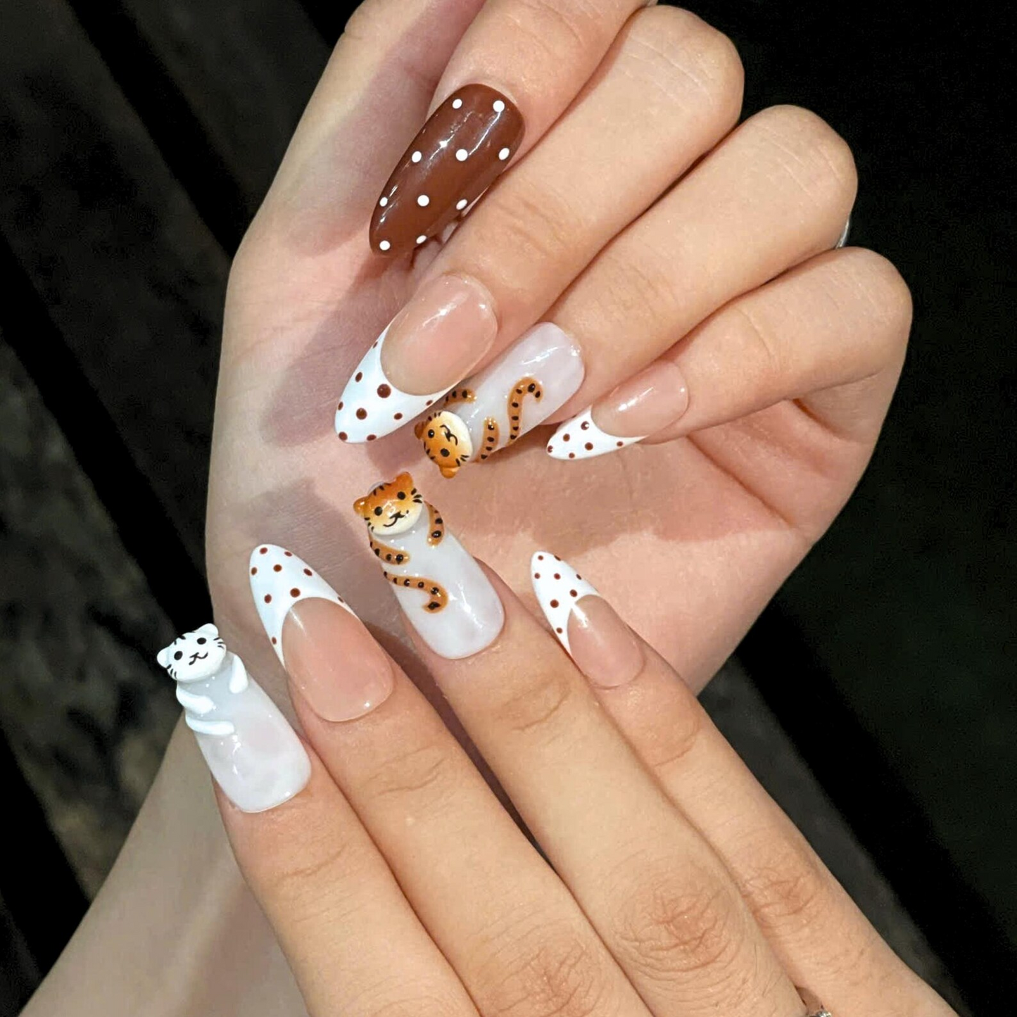 Cute Cat Press On Nails | Kawaii Animal French Tip Nails | Brown Neutral Dot Nails | Handmade Almond Nail Set | OB442U
