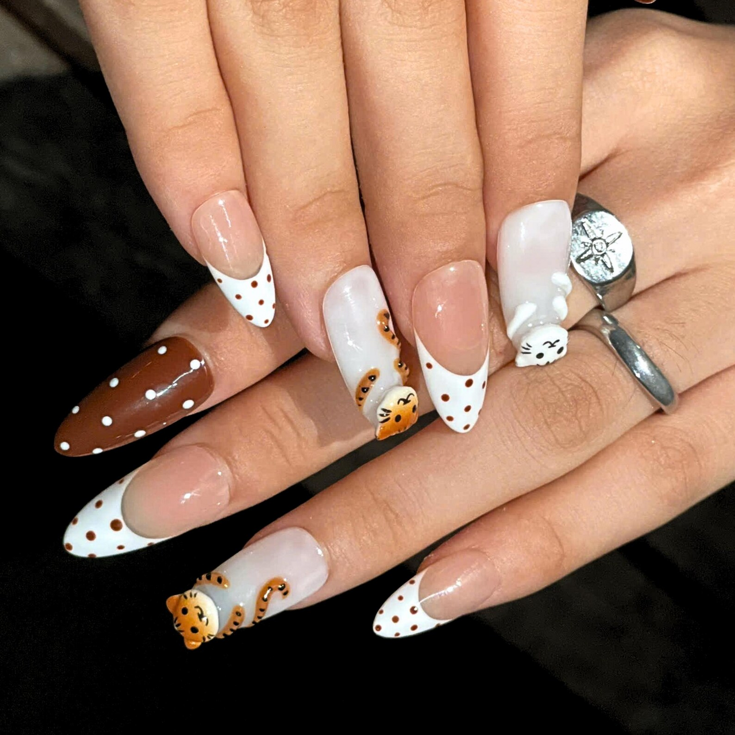Cute Cat Press On Nails | Kawaii Animal French Tip Nails | Brown Neutral Dot Nails | Handmade Almond Nail Set | OB442U