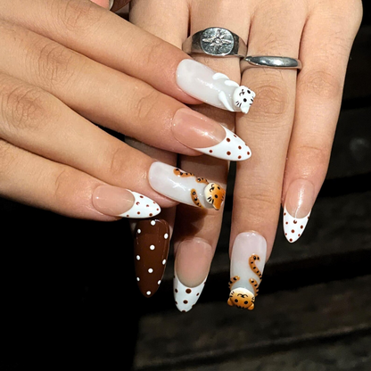 Cute Cat Press On Nails | Kawaii Animal French Tip Nails | Brown Neutral Dot Nails | Handmade Almond Nail Set | OB442U