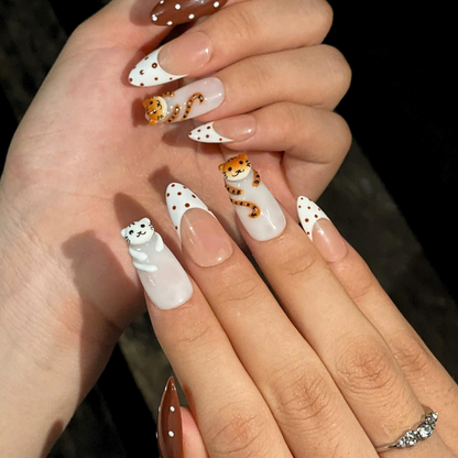 Cute Cat Press On Nails | Kawaii Animal French Tip Nails | Brown Neutral Dot Nails | Handmade Almond Nail Set | OB442U