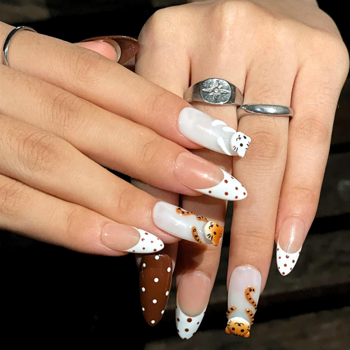 Cute Cat Press On Nails | Kawaii Animal French Tip Nails | Brown Neutral Dot Nails | Handmade Almond Nail Set | OB442U
