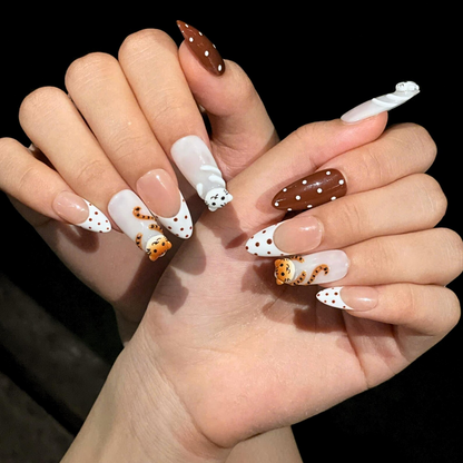 Cute Cat Press On Nails | Kawaii Animal French Tip Nails | Brown Neutral Dot Nails | Handmade Almond Nail Set | OB442U