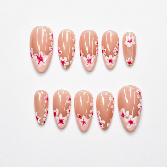 Cherry Blossom Press On Nails | Soft Pink Floral Nails | Spring Flower Nail Set | Nude Almond Handmade Nails | OC1373UG