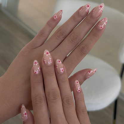 Cherry Blossom Press On Nails | Soft Pink Floral Nails | Spring Flower Nail Set | Nude Almond Handmade Nails | OC1373UG