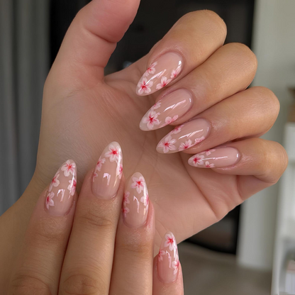Cherry Blossom Press On Nails | Soft Pink Floral Nails | Spring Flower Nail Set | Nude Almond Handmade Nails | OC1373UG