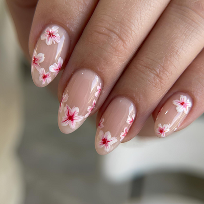 Cherry Blossom Press On Nails | Soft Pink Floral Nails | Spring Flower Nail Set | Nude Almond Handmade Nails | OC1373UG