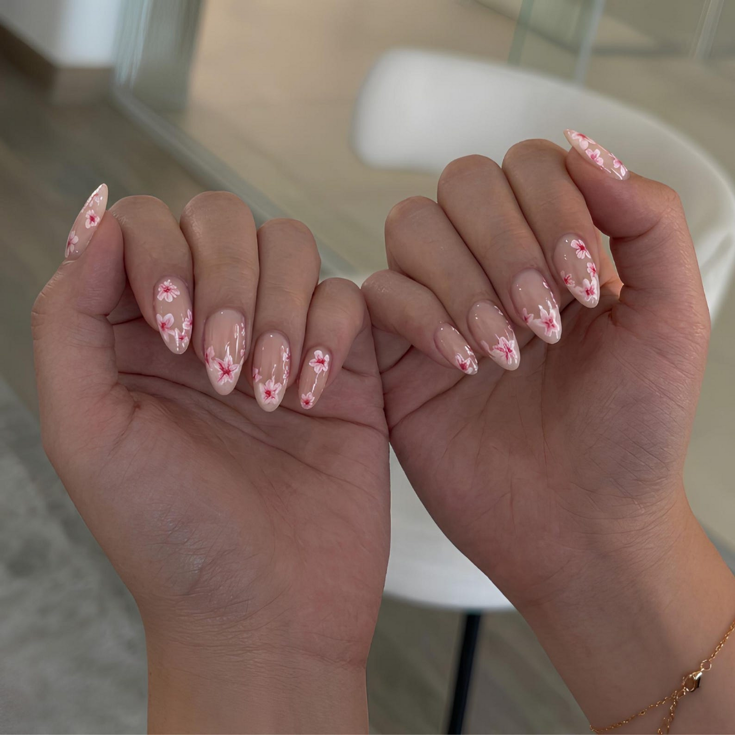 Cherry Blossom Press On Nails | Soft Pink Floral Nails | Spring Flower Nail Set | Nude Almond Handmade Nails | OC1373UG