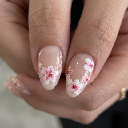 Cherry Blossom Press On Nails | Soft Pink Floral Nails | Spring Flower Nail Set | Nude Almond Handmade Nails | OC1373UG