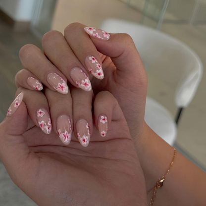 Cherry Blossom Press On Nails | Soft Pink Floral Nails | Spring Flower Nail Set | Nude Almond Handmade Nails | OC1373UG