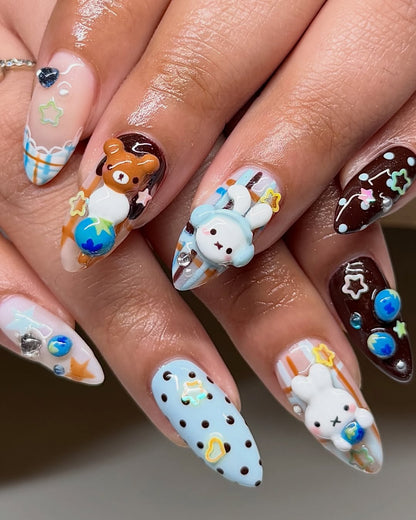 Chocolate Blueberry Kawaii Press On Nails by Faithsfullsets | 3D Bear & Bunny Dessert Nails | OA07LF