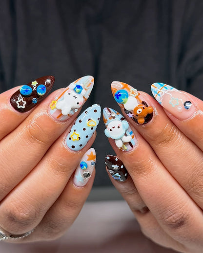 Chocolate Blueberry Kawaii Press On Nails by Faithsfullsets | 3D Bear & Bunny Dessert Nails | OA07LF
