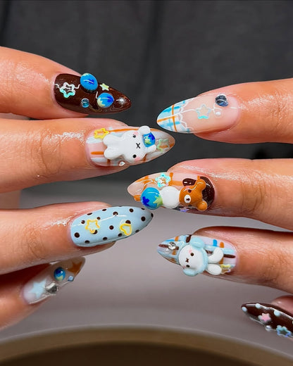 Chocolate Blueberry Kawaii Press On Nails by Faithsfullsets | 3D Bear & Bunny Dessert Nails | OA07LF