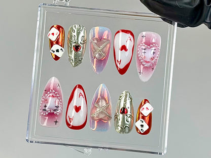 Creepy Clown Press On Nails | Old School Circus Press Ons |Aesthetic Poker Fake Nails |Gothic Poker Nail Art |Gambling Themed Nails |HB756YK