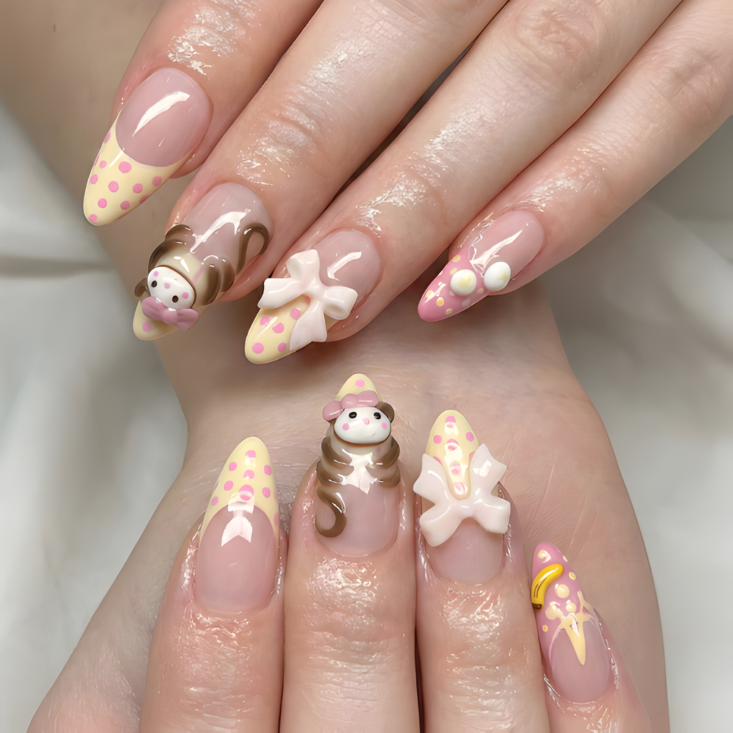 Nail Tabs for Press On Nails – Pastel Yellow Pink Polka Dot Doll & 3D Bow Long Almond Handmade Cute Coquette Fake Nails