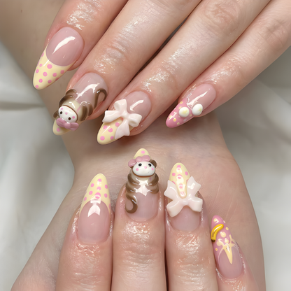 Nail Tabs for Press On Nails – Pastel Yellow Pink Polka Dot Doll & 3D Bow Long Almond Handmade Cute Coquette Fake Nails