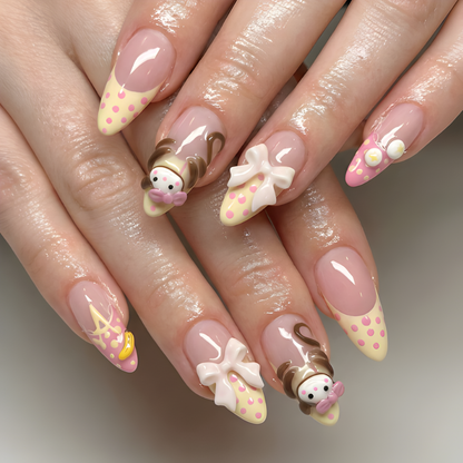 Nail Tabs for Press On Nails – Pastel Yellow Pink Polka Dot Doll & 3D Bow Long Almond Handmade Cute Coquette Fake Nails