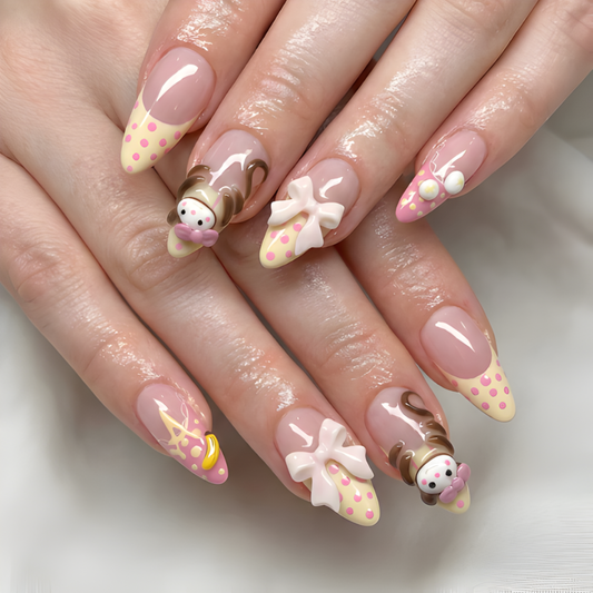 Nail Tabs for Press On Nails – Pastel Yellow Pink Polka Dot Doll & 3D Bow Long Almond Handmade Cute Coquette Fake Nails