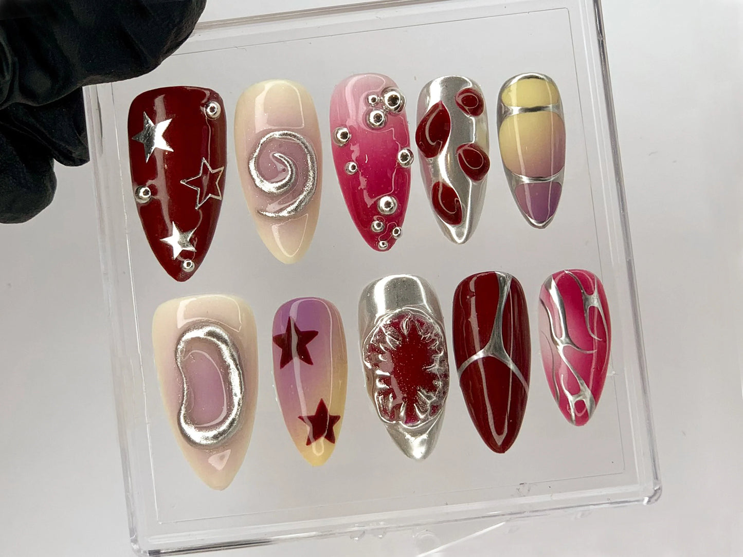 Stunning Red Chrome Press On Nail |  Unique Y2k 3D Fake Nails | Gothic Swirls Nail Charms | Dark Freestyle Acrylic Nails | Stars | HD499Y