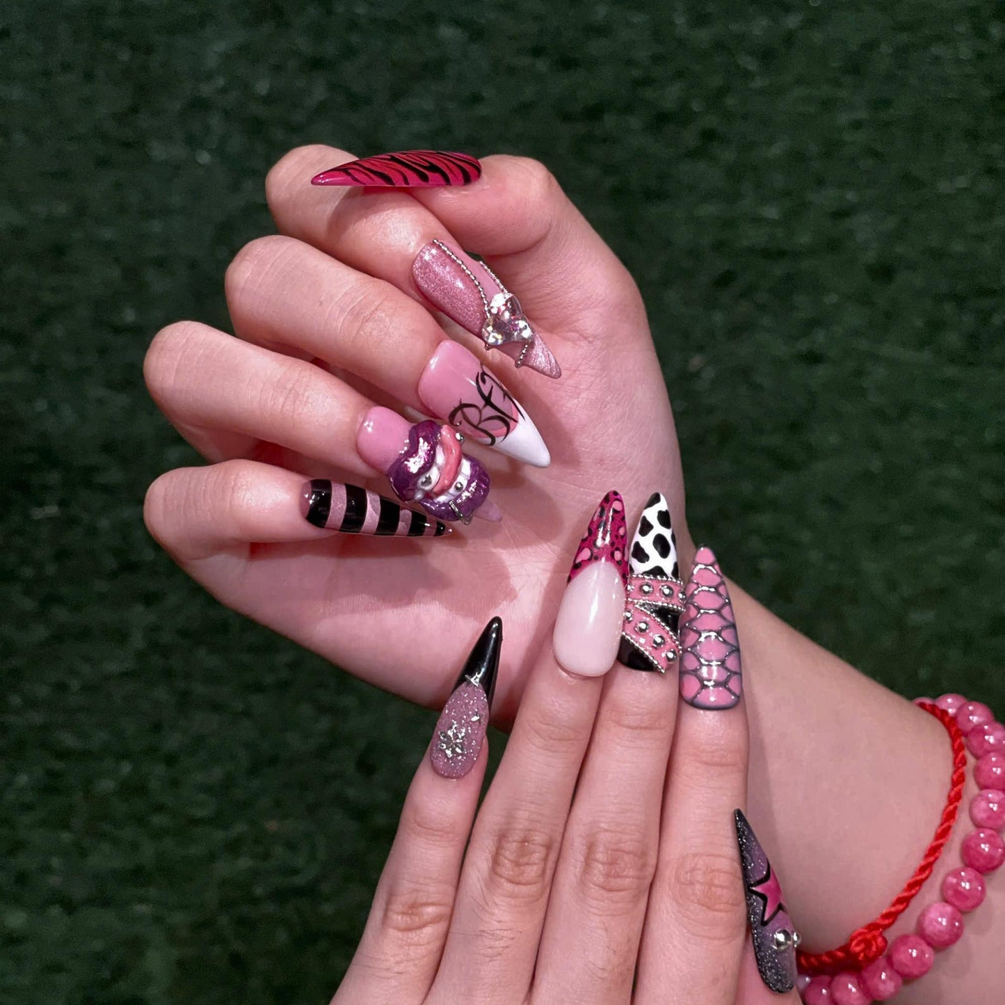 Y2K Pink Black Press On Nails • Coquette Baddie Nail Set • Zebra Web Star Glam Nails • Handmade 3D Statement Nails • OB610UC
