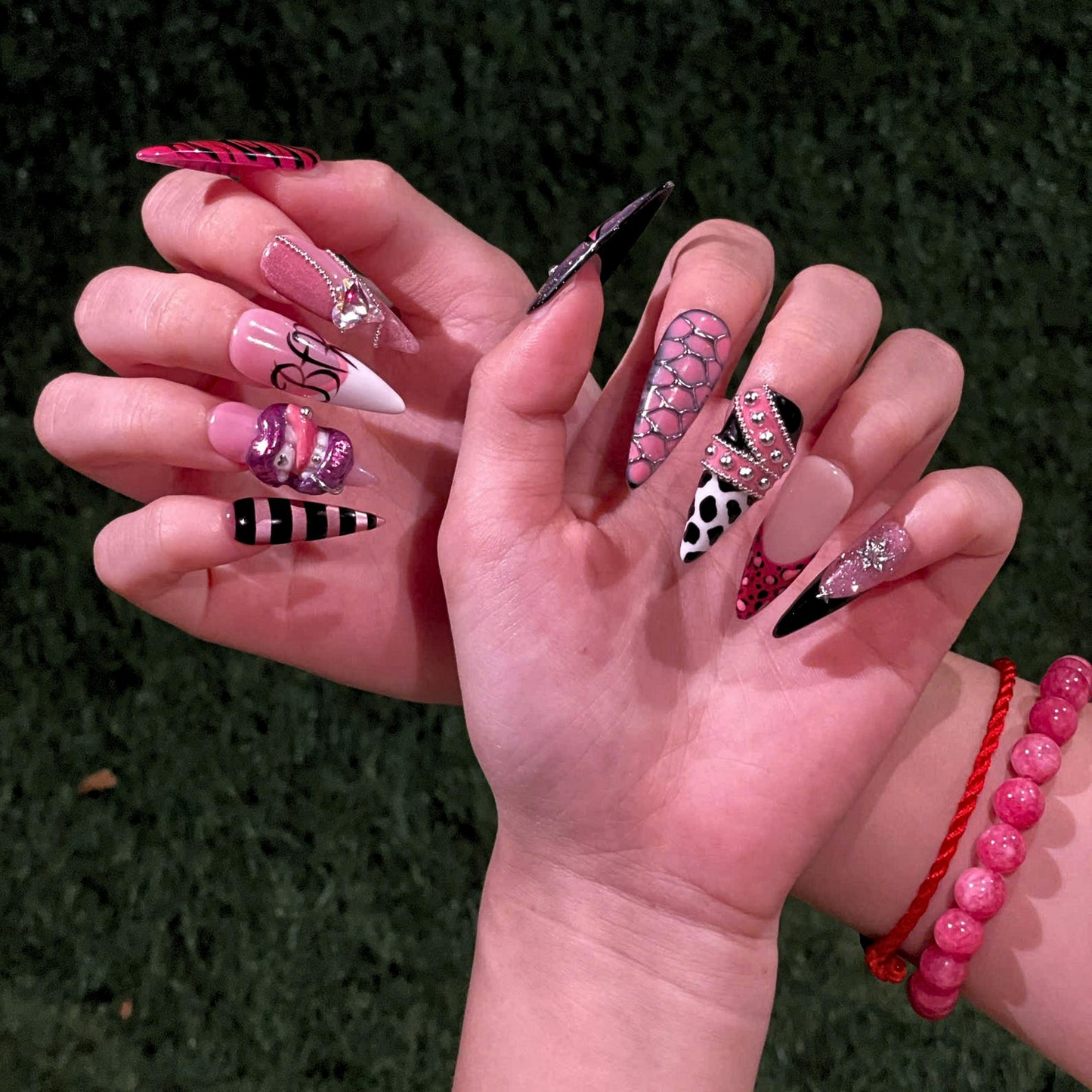 Y2K Pink Black Press On Nails • Coquette Baddie Nail Set • Zebra Web Star Glam Nails • Handmade 3D Statement Nails • OB610UC